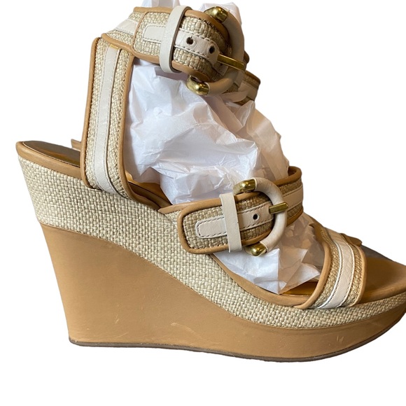 COACH tan and cream woven straw wedge platforms with ankle strap - maralee style - Picture 7 of 11